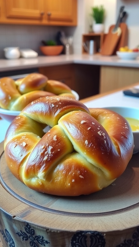 Homemade Soft Yeast Pretzel Recipe Golden brown soft yeast pretzel on a wooden board with mustard dip.